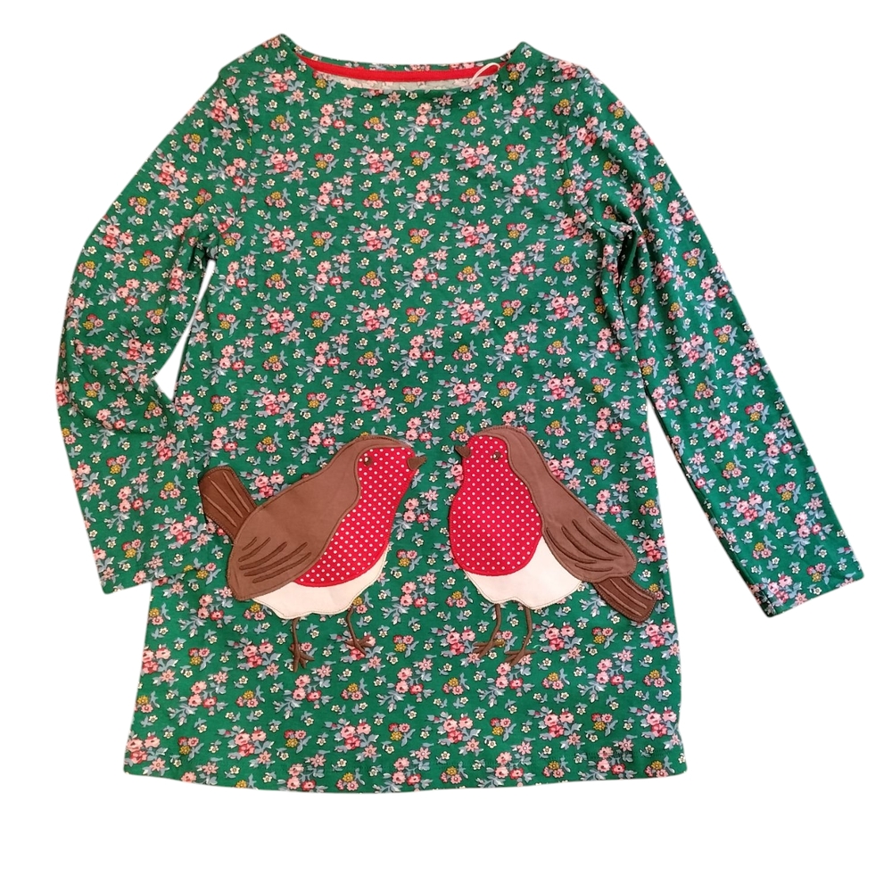 Green Floral Dress with Bird Appliqué